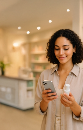 Relaxed woman in a pink bathrobe and face mask, using the SkinBuddy app to choose the best products for her skin